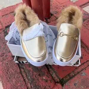 BAMBOO Gold Kids Moccasins with Fur Trim